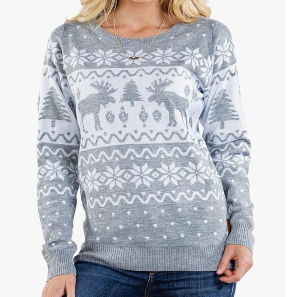 Tipsy Elves Woman’s Classic Moose Grey Ugly Christmas Sweater Sweater Fair Isle